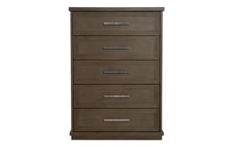 Five-drawer wooden chest in dark brown finish with rectangular metal handles, featuring a classic framed panel design for bedroom storage.