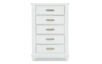 Sunset Cove Youth White 5 Drawer Chest in coastal style with MDF construction, smooth glides, felt-lined top drawer, and clean white finish.