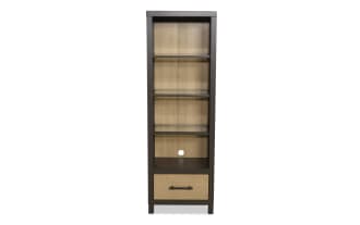 Tall wooden bookshelf with dark brown frame and light wood back panel, featuring three open shelves, one drawer with metal handle, and cable management hole.