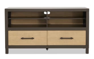 Modern TV stand with dark brown metal frame, light wood drawer fronts, two drawers with black handles, and open shelves for media devices.