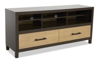Dark brown and light wood TV stand with two drawers, open shelving, and cable management slots, modern rustic media console.
