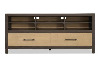 Dark brown and light wood TV stand with two drawers, open shelving, and cable management slots, modern rustic media console.