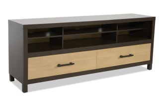Modern two-tone wood TV stand with dark brown frame and light natural wood drawer fronts, featuring two drawers and open shelving for media devices.