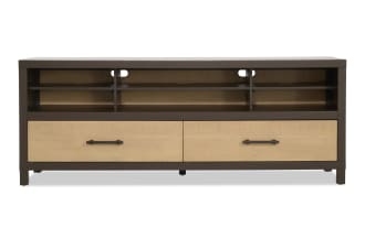 Modern two-tone wood TV stand with dark brown frame and light natural wood drawer fronts, featuring two drawers and open shelving for media devices.