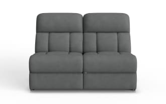 Modern gray fabric two-seater recliner sofa with cushioned backrest and padded seats, designed for living room comfort and style.