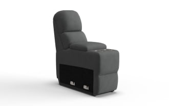 Gray fabric theater recliner chair with high cushioned backrest, built-in cup holders, and modern ergonomic design for home entertainment.