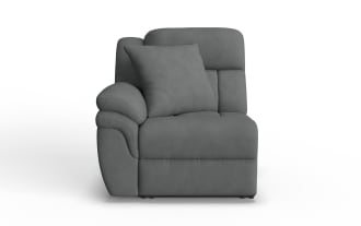 Dark gray fabric upholstered single armchair with plush cushioning, padded armrest, and matching throw pillow, ideal for living room seating.