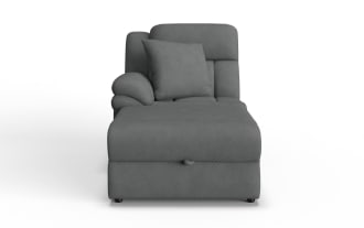 Gray upholstered chaise lounge with a textured fabric, cushioned armrest, backrest, and matching square pillow, ideal for modern living rooms.