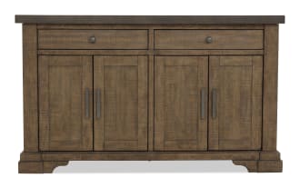 Rustic wooden sideboard cabinet with a distressed brown finish, featuring two drawers and four paneled doors with metal handles, suitable for living or dining room storage.