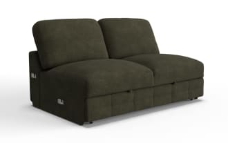 Dark olive green fabric loveseat with plush cushions and a modern, armless design, ideal for compact living spaces.