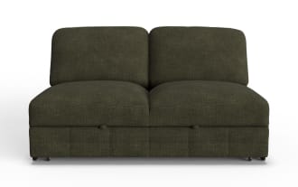 Dark olive green fabric loveseat with plush cushions and a modern, armless design, ideal for compact living spaces.