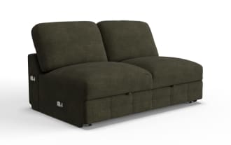 Dark olive green fabric loveseat with plush cushions, armless design, and subtle textured upholstery, ideal for compact living spaces.