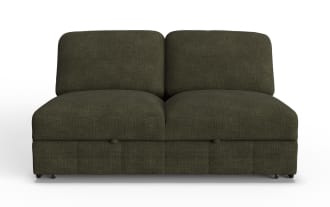 Dark olive green fabric loveseat with plush cushions, armless design, and subtle textured upholstery, ideal for compact living spaces.