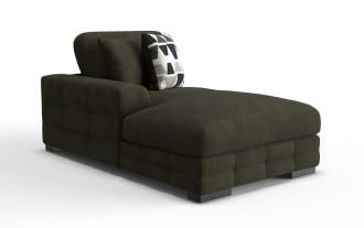 Dark olive green upholstered chaise lounge with textured fabric, featuring a single armrest, two back cushions, and a geometric patterned accent pillow.