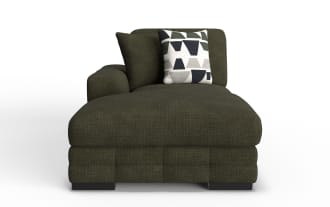 Dark olive green upholstered chaise lounge with textured fabric, featuring a single armrest, two back cushions, and a geometric patterned accent pillow.