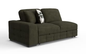 Dark olive green fabric sectional sofa with left armrest, two seat cushions, two back cushions, and a decorative geometric patterned throw pillow.