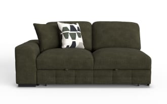 Dark olive green fabric sectional sofa with left armrest, two seat cushions, two back cushions, and a decorative geometric patterned throw pillow.