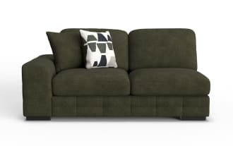 Dark olive green fabric sectional sofa with thick cushions, wide armrest on the left side, and a decorative geometric-patterned throw pillow.