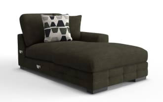 Dark olive green fabric chaise lounge with a modern design, featuring a single armrest on the right side and two decorative pillows with geometric patterns.