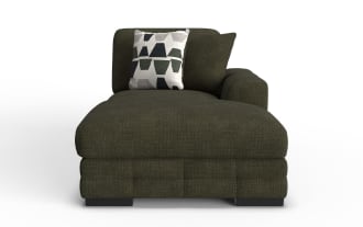 Dark olive green fabric chaise lounge with a modern design, featuring a single armrest on the right side and two decorative pillows with geometric patterns.