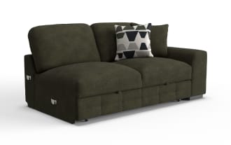 Dark olive green fabric sectional sofa with modern design, featuring two seat cushions, two back cushions, and a patterned accent pillow.