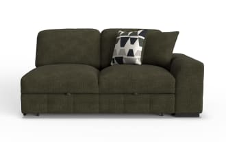 Dark olive green fabric sectional sofa with modern design, featuring two seat cushions, two back cushions, and a patterned accent pillow.