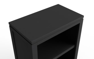 Black wooden nightstand with two open shelves, featuring a simple modern design and dark wood grain back panel.