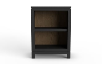 Black wooden nightstand with two open shelves, featuring a simple modern design and dark wood grain back panel.