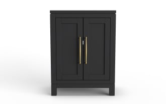 Black wooden cabinet with two paneled doors, gold vertical handles, and a modern minimalist design, suitable for storage furniture.