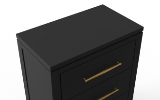 Black wooden nightstand with three drawers, featuring sleek gold handles and a modern, minimalist design.