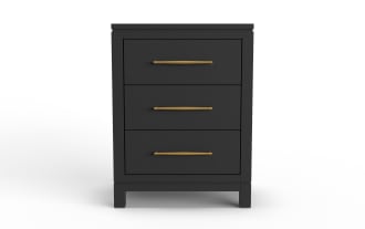 Black wooden nightstand with three drawers, featuring sleek gold handles and a modern, minimalist design.