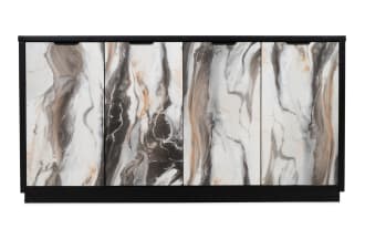 Modern sideboard cabinet with black frame and four doors featuring a white, gray, and beige marble pattern, ideal for stylish storage.