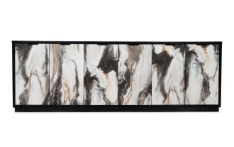 Modern sideboard cabinet with black frame and marble-patterned doors in shades of white, gray, and beige, featuring a sleek, minimalist design.