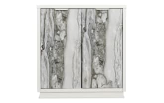 White wooden cabinet with two doors featuring a gray and white marble pattern, suitable for modern home storage.