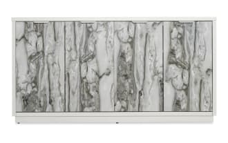 Modern sideboard cabinet with a white wood frame and five doors featuring a gray and white marble pattern, ideal for stylish storage.