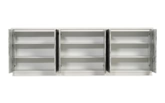 Modern sideboard cabinet with a white frame and textured gray marble-patterned front panels, featuring sleek metal handles and a minimalist design.
