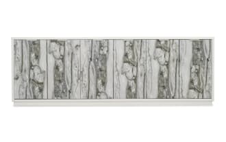 Modern sideboard cabinet with a white frame and textured gray marble-patterned front panels, featuring sleek metal handles and a minimalist design.