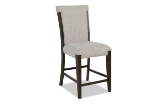 Aurora Brown & Gray counter height stool with solid back, gray polyester upholstery, Bob-O-Pedic® memory foam, and transitional style.