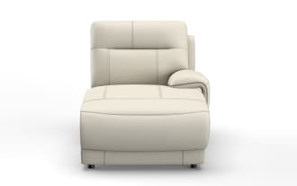 Modern beige leather armless lounge chair with cushioned backrest, single armrest on right side, and visible stitching details.