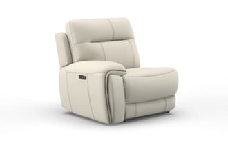 Modern beige leather recliner chair with padded armrest and detailed stitching, designed for comfort and stylish living room seating.