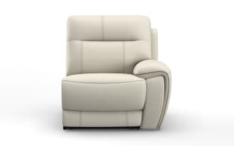 Modern beige leather recliner chair with padded armrest and stitched detailing, designed for comfort and stylish living room seating.
