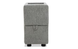Gray fabric-covered rectangular storage ottoman with a pull tab and black cylindrical legs, designed for living room organization and seating.