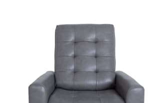 Gray leather recliner chair with tufted backrest, padded armrests, and cushioned seat, designed for comfort and relaxation.
