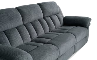 Dark gray fabric reclining sofa with plush padded armrests and segmented cushioned backrest, designed for living room comfort and relaxation.