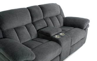 Gray fabric reclining loveseat with plush padded armrests, high back cushions, and a center console with cup holders, designed for living room comfort.