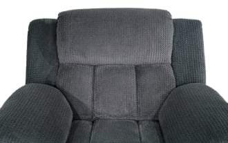 Gray plush fabric recliner chair with padded armrests and cushioned backrest, designed for living room comfort and relaxation.