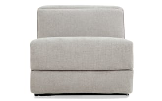 Modern beige fabric upholstered armless accent chair with cushioned seat and backrest, featuring a clean, minimalist design.