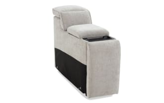 Light gray fabric upholstered sofa armrest with a cushioned top and two black plastic legs, showcasing modern living room furniture design.