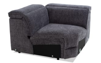 Dark gray fabric corner sofa section with plush cushions, sturdy black base, and metal connectors, ideal for modular living room setups.