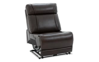Dark brown leather recliner chair with padded backrest and seat, featuring visible stitching and metal base frame, designed for comfort.
